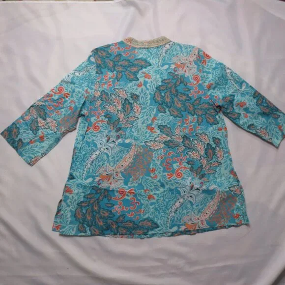 CHARTER CLUB womens TUNIC paisley EMBROIDERED metallic aqua CORAL SIZE 1X - Picture 5 of 8